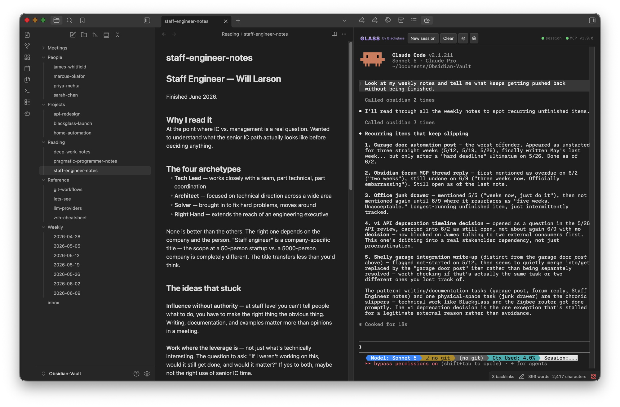 Glass running inside Obsidian, with Claude Code reviewing weekly notes in the sidebar