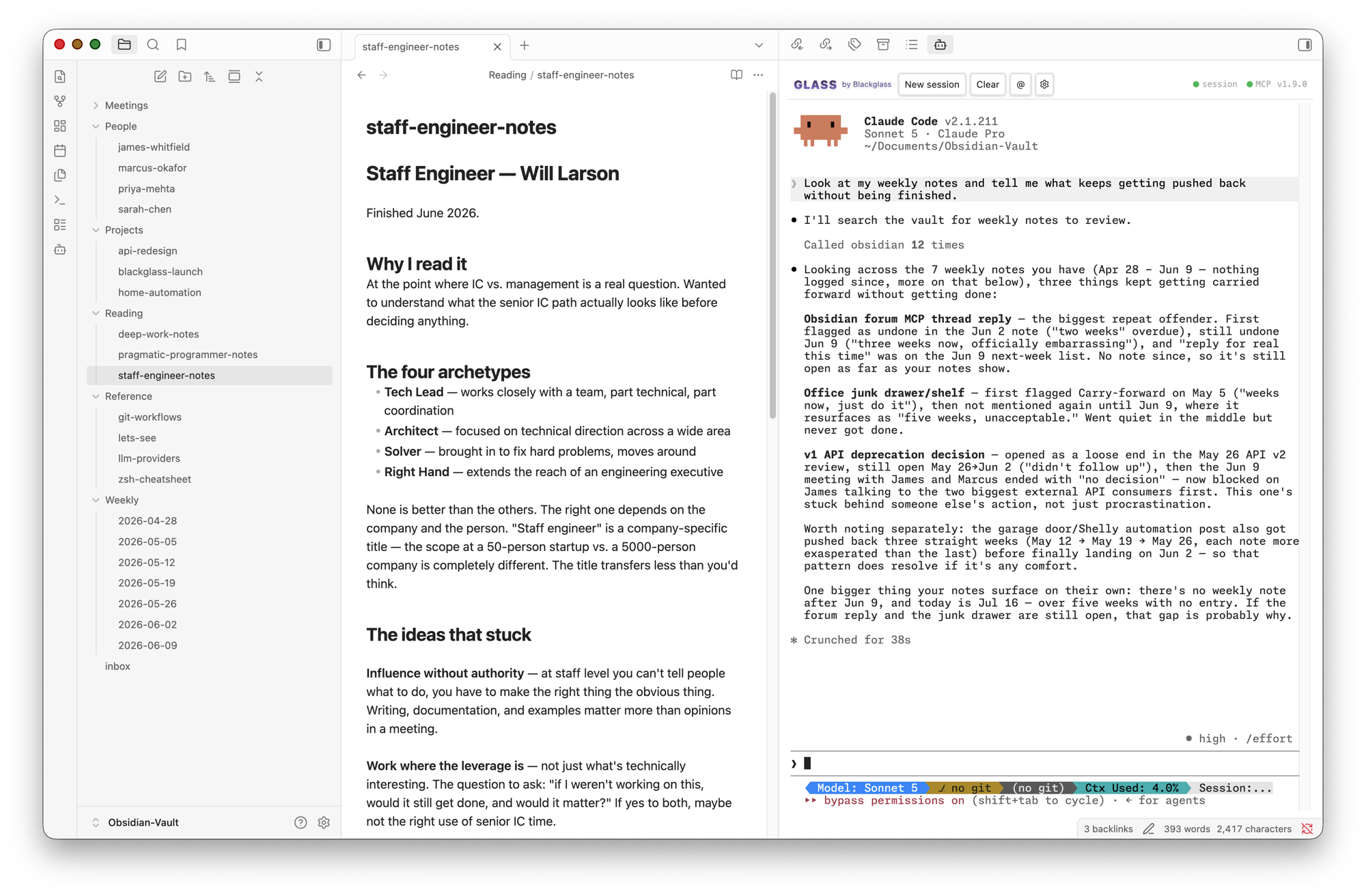 Glass running inside Obsidian, with Claude Code reviewing weekly notes in the sidebar